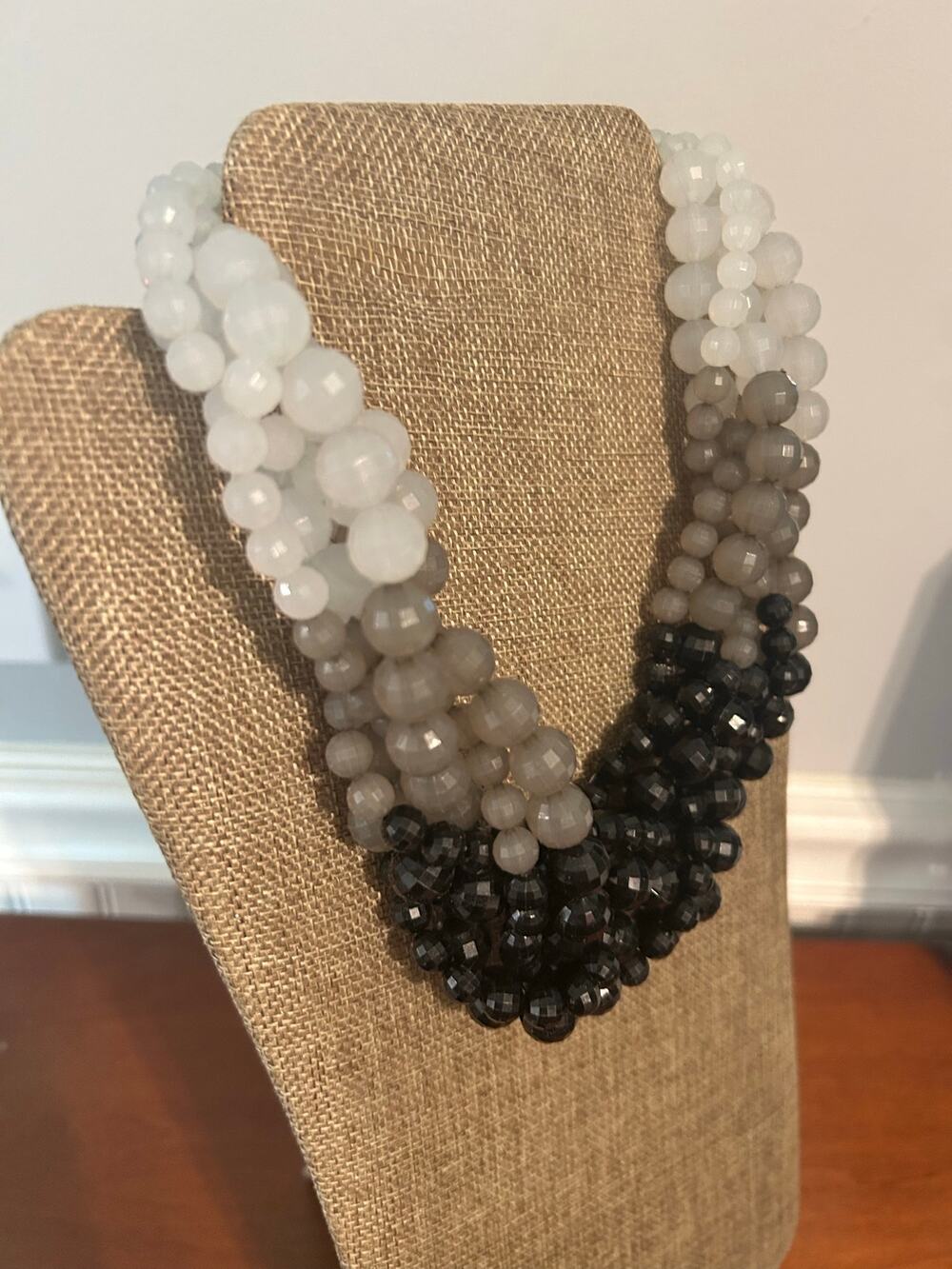 Multi Strand Ombre Bead Necklace Black Gray White Gradient Statement 18 Inch